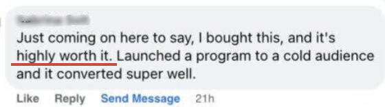 Facebook testimonial: cold-audience launch converted well